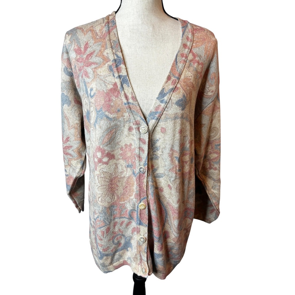 Gabriella T. Italy Floral Paisley Knit Cardigan Sweater Muted Pink Blue Large